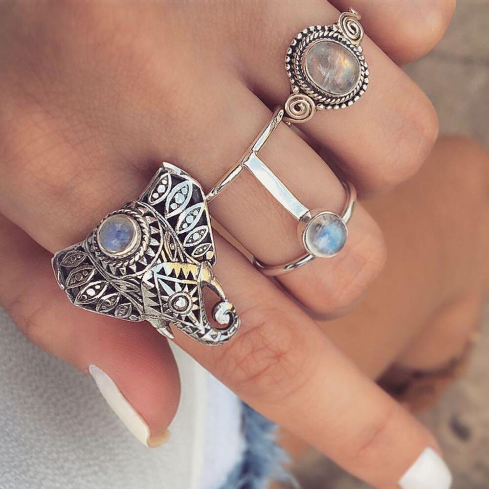 Vintage Style Elephant 3 Piece Ring Set Adjustable BN3